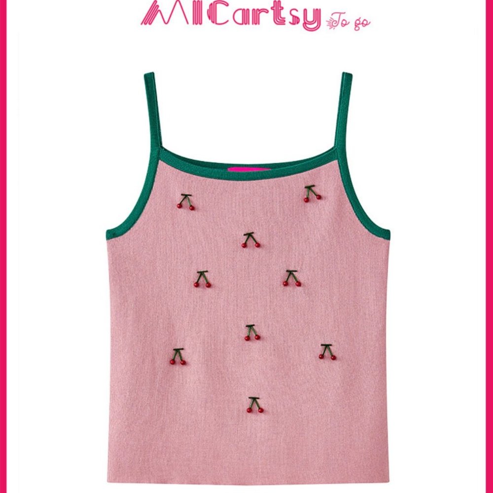 Handmade Knit Top Cherry Beaded Pink/Green Contrasting Cropped Top